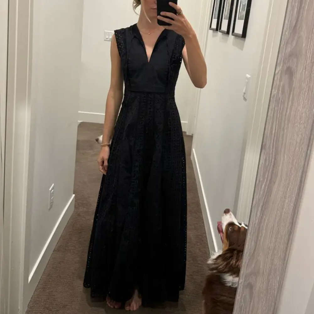 Veronica Beard Black Eyelet Maxi Dress SIZE 4 Cottage Fit n Flare Designer $700 - Picture 4 of 12